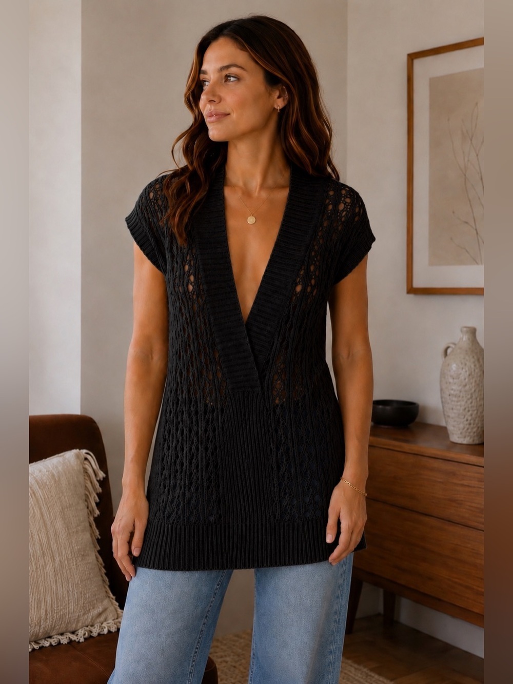 Seduction Black Open Knit Sweater Size XS S Y2K Gothic Grunge Festival Club